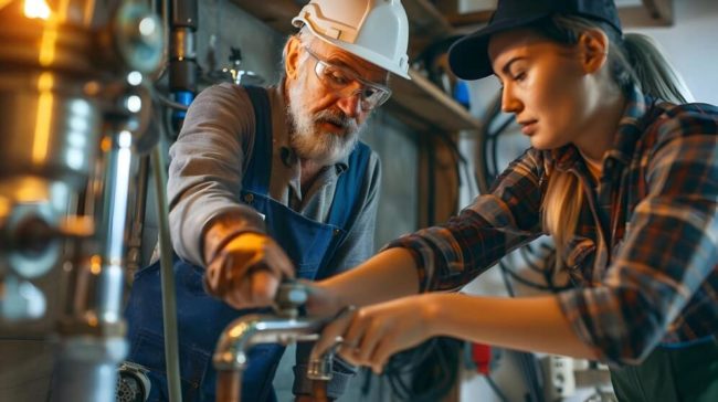 fontanero experimentado ensena aprendiz reparar ducha cambio en la dinámica laboral