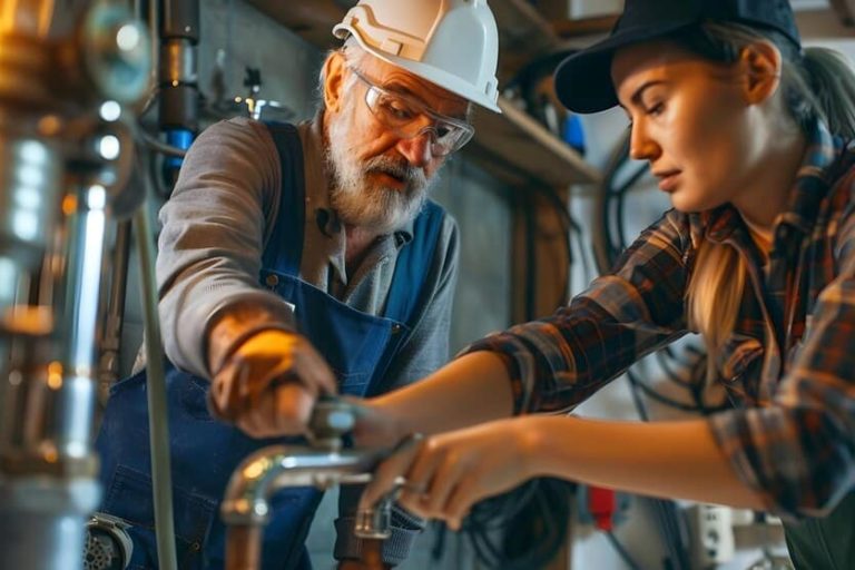 cambio en la dinámica laboral fontanero experimentado ensena aprendiz reparar ducha cambio en la dinámica laboral